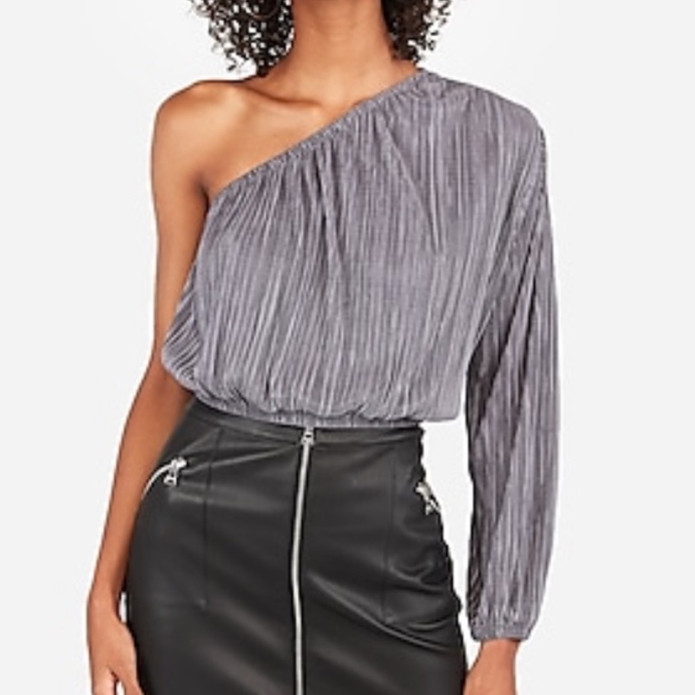NWT Express- M one-shoulder top, grey silky shirt